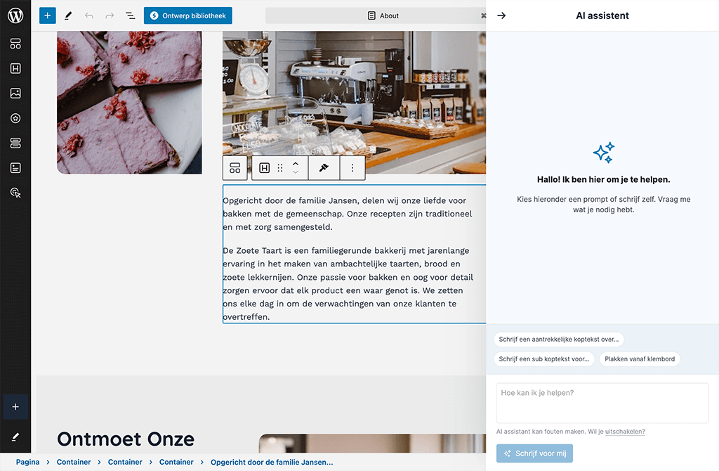 Na het bouwen kan de AI-assistent u helpen om uw website verder af te stemmen op uw wensen en eisen.